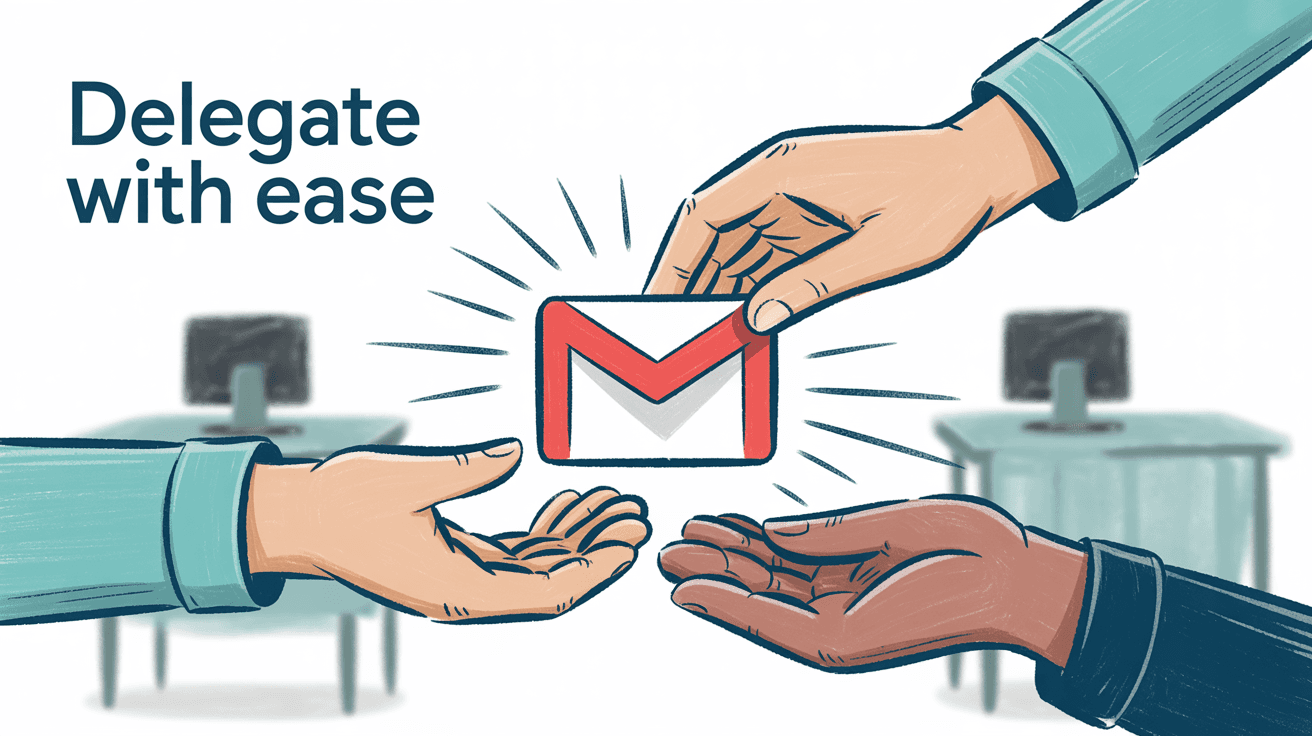 Gmail delegation concept showing multiple hands sharing access to a Gmail inbox with secure delegation